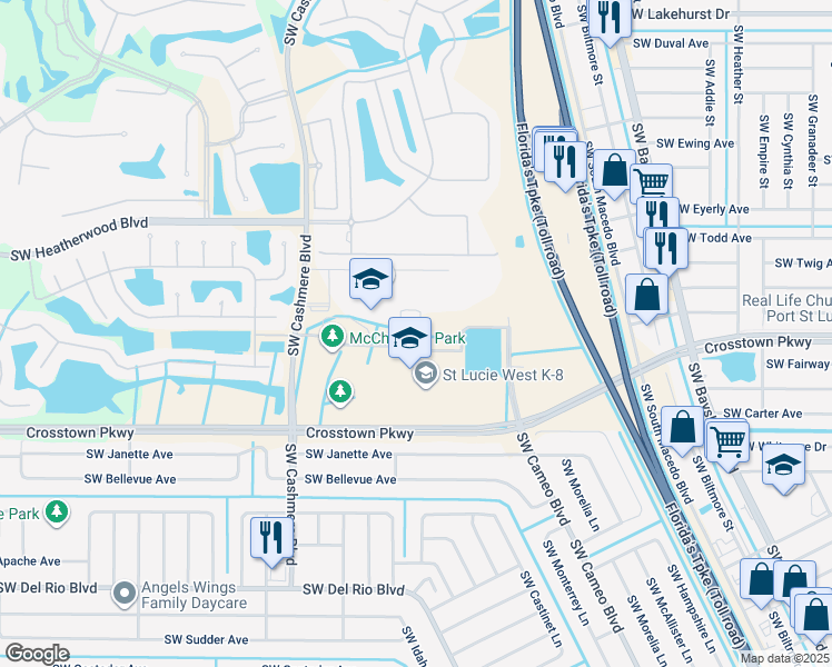 map of restaurants, bars, coffee shops, grocery stores, and more near 1485 Southwest Cashmere Boulevard in Port St. Lucie