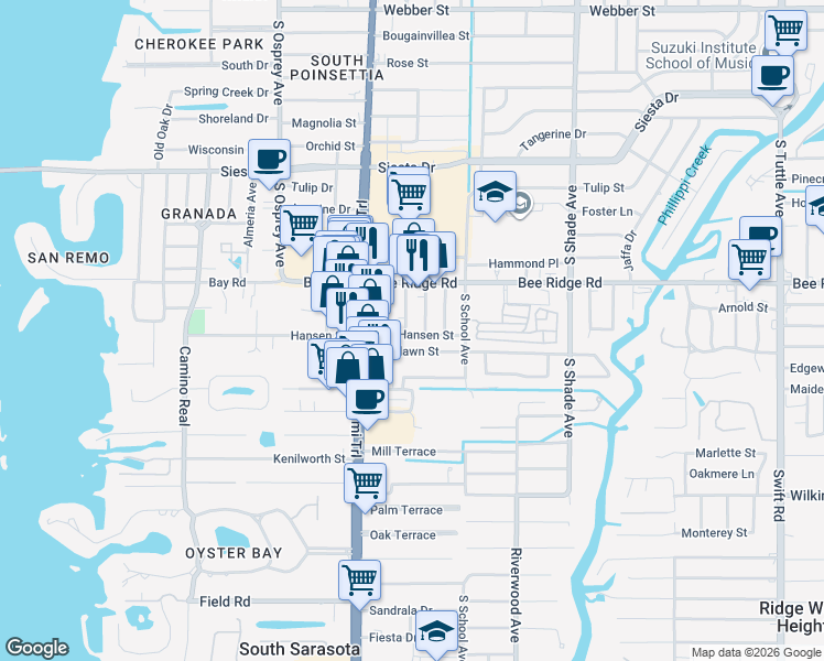 map of restaurants, bars, coffee shops, grocery stores, and more near 2052 Hansen Street in Sarasota