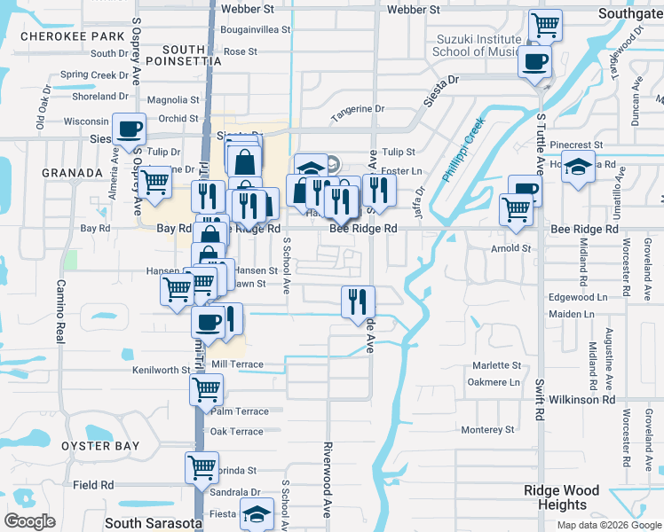 map of restaurants, bars, coffee shops, grocery stores, and more near 119 6th Street in Sarasota