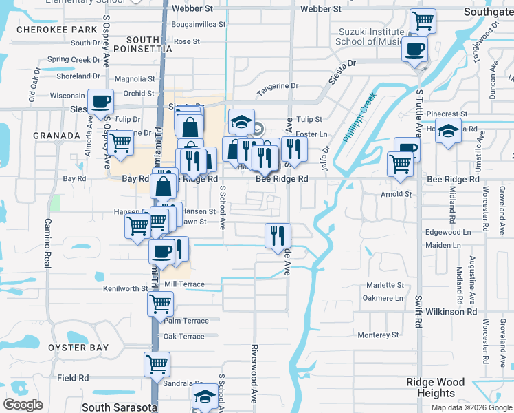 map of restaurants, bars, coffee shops, grocery stores, and more near 119 6th Street in Sarasota