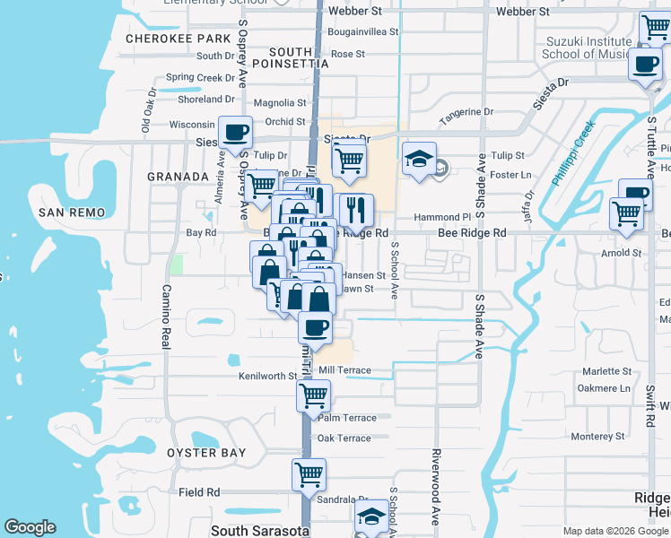 map of restaurants, bars, coffee shops, grocery stores, and more near in Sarasota