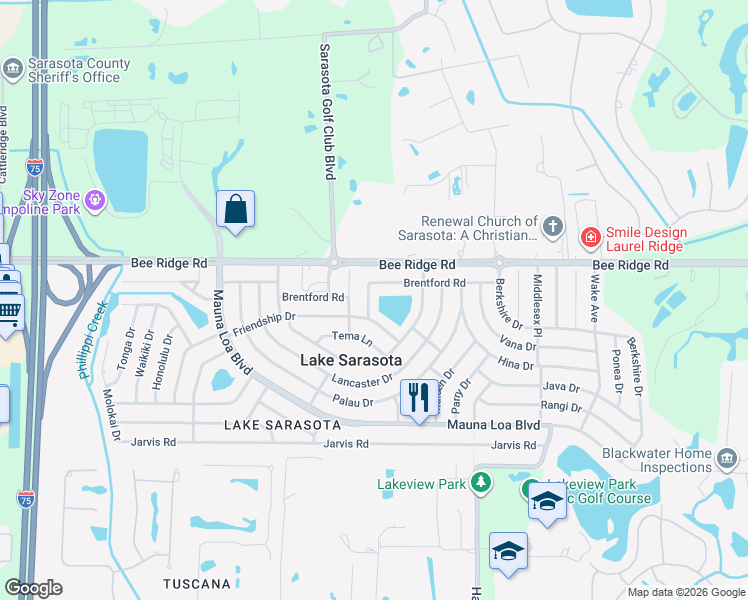 map of restaurants, bars, coffee shops, grocery stores, and more near 3934 Marlborough Place in Sarasota