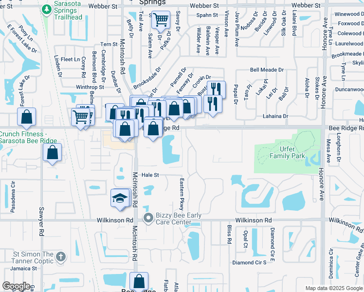 map of restaurants, bars, coffee shops, grocery stores, and more near 4540 Bee Ridge Road in Sarasota