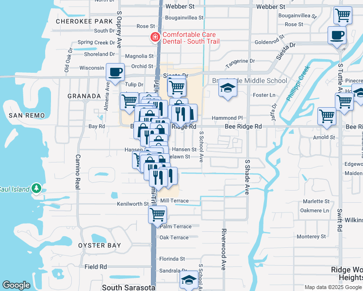 map of restaurants, bars, coffee shops, grocery stores, and more near South East Avenue in Sarasota