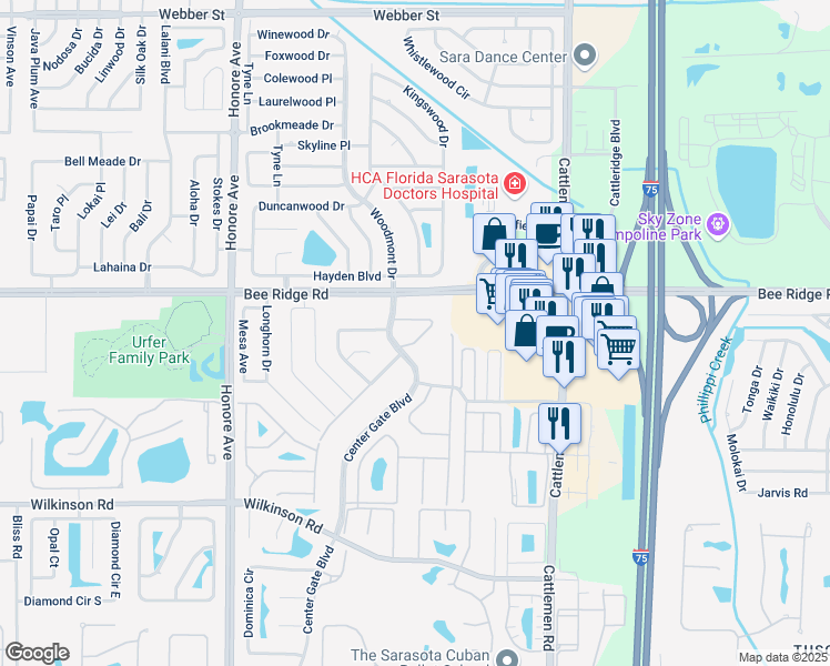 map of restaurants, bars, coffee shops, grocery stores, and more near 3922 Center Gate Circle in Sarasota