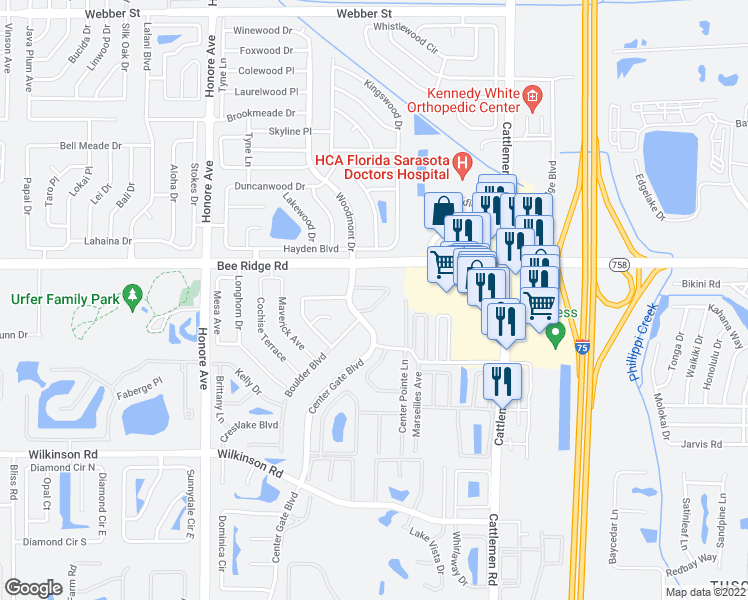 map of restaurants, bars, coffee shops, grocery stores, and more near 3922 Center Gate Circle in Sarasota