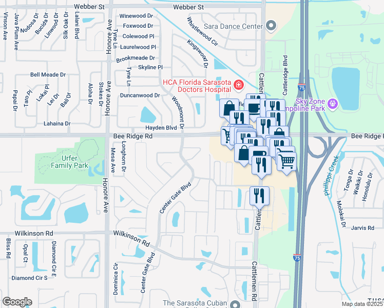 map of restaurants, bars, coffee shops, grocery stores, and more near 3922 Center Gate Circle in Sarasota