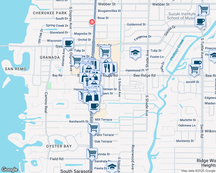 map of restaurants, bars, coffee shops, grocery stores, and more near 2052 Hansen Street in Sarasota