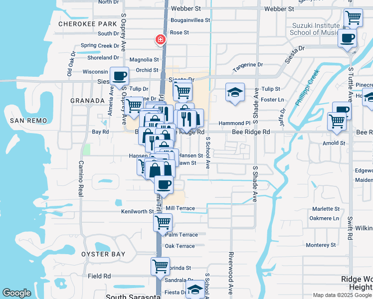 map of restaurants, bars, coffee shops, grocery stores, and more near in Sarasota