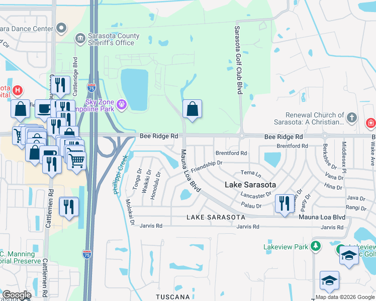 map of restaurants, bars, coffee shops, grocery stores, and more near 6563 Mauna Loa Boulevard in Sarasota