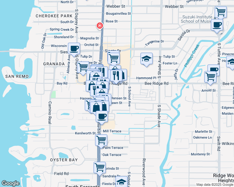 map of restaurants, bars, coffee shops, grocery stores, and more near in Sarasota