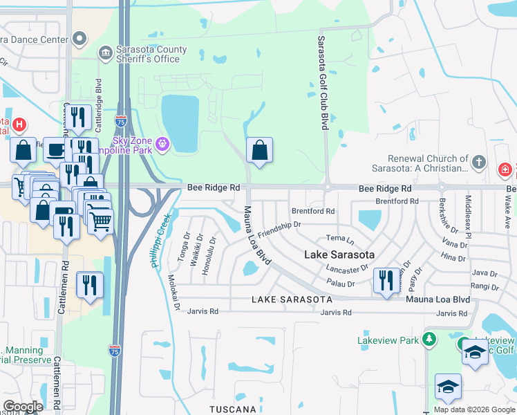 map of restaurants, bars, coffee shops, grocery stores, and more near 6563 Mauna Loa Boulevard in Sarasota