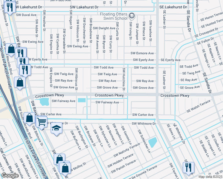 map of restaurants, bars, coffee shops, grocery stores, and more near 244 Southwest Grove Avenue in Port St. Lucie