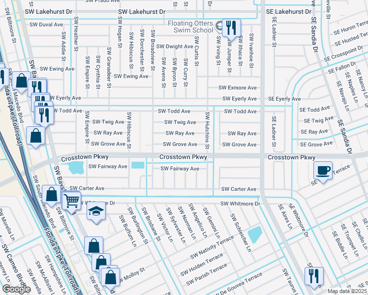 map of restaurants, bars, coffee shops, grocery stores, and more near 244 Southwest Grove Avenue in Port St. Lucie