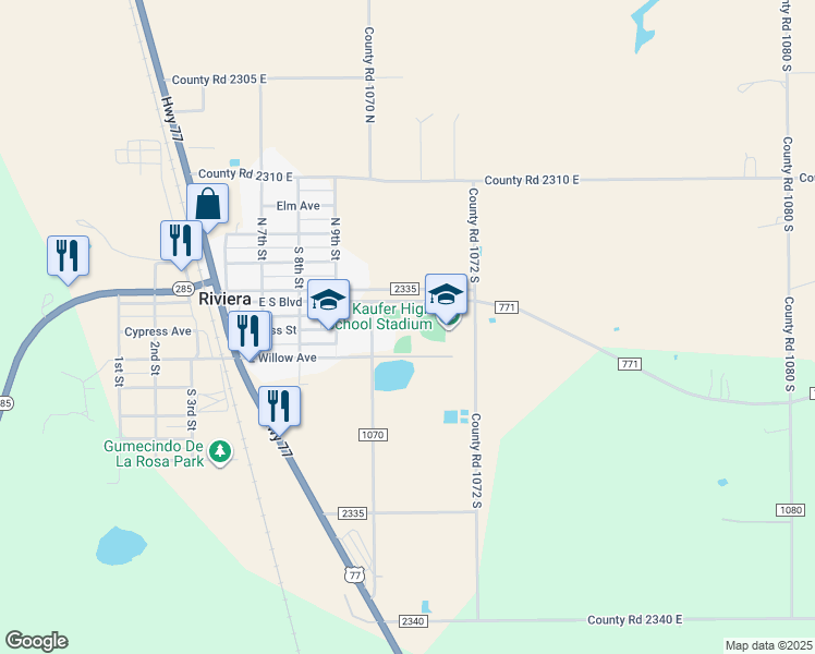 map of restaurants, bars, coffee shops, grocery stores, and more near 203 Seahawk Drive in Riviera