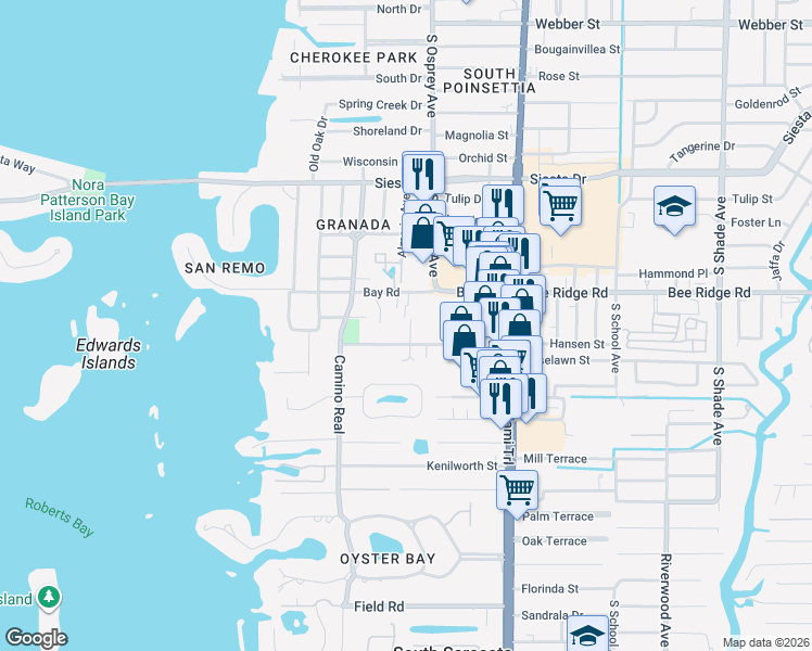 map of restaurants, bars, coffee shops, grocery stores, and more near 1705 Hansen Street in Sarasota