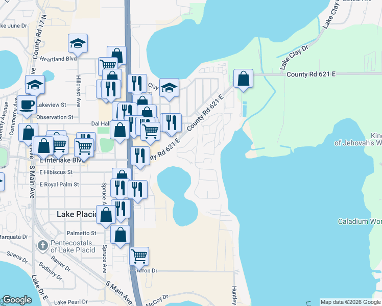 map of restaurants, bars, coffee shops, grocery stores, and more near 46 Glory Drive in Lake Placid