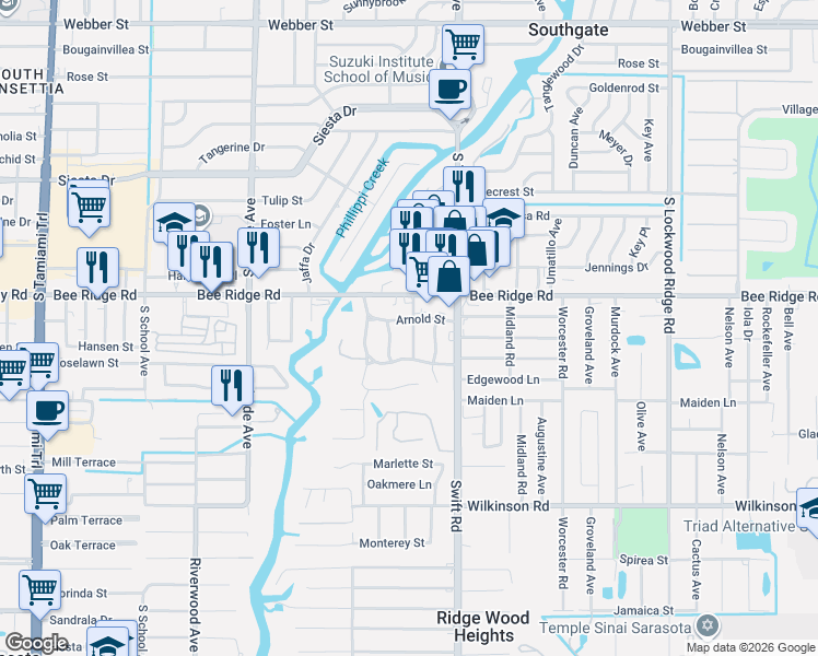 map of restaurants, bars, coffee shops, grocery stores, and more near 4009 Booth Place in Sarasota