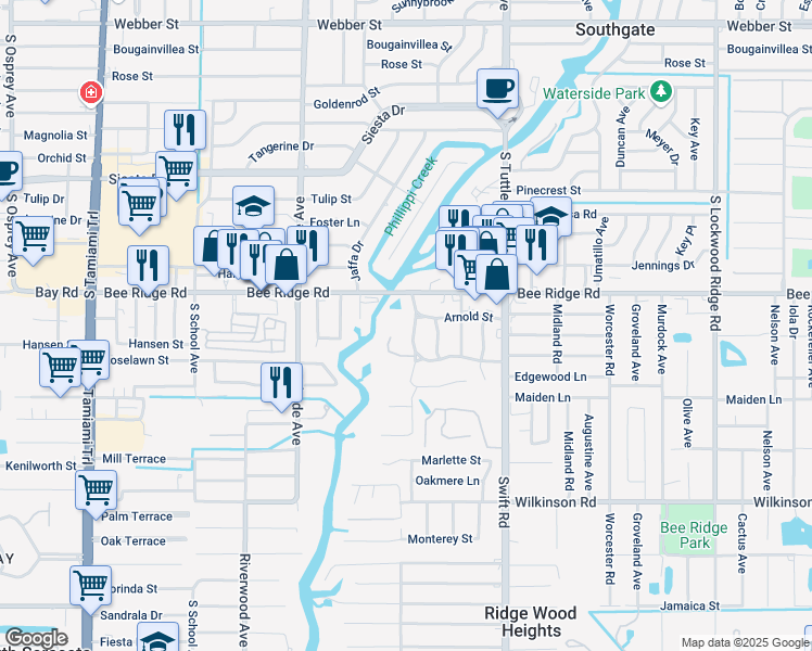map of restaurants, bars, coffee shops, grocery stores, and more near 4014 Brookside Drive in Sarasota