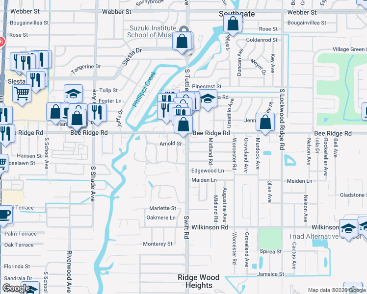map of restaurants, bars, coffee shops, grocery stores, and more near 2720 Bee Ridge Road in Sarasota