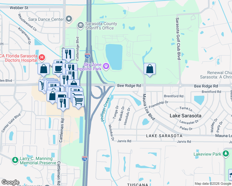 map of restaurants, bars, coffee shops, grocery stores, and more near 6306 Bikini Road in Sarasota