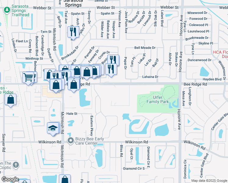 map of restaurants, bars, coffee shops, grocery stores, and more near in Bee Ridge