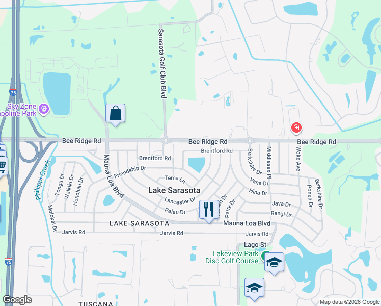 map of restaurants, bars, coffee shops, grocery stores, and more near 6916 Brentford Road in Sarasota