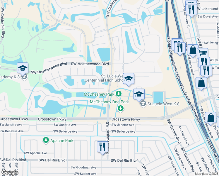 map of restaurants, bars, coffee shops, grocery stores, and more near 1501 Southwest Cashmere Boulevard in Port St. Lucie