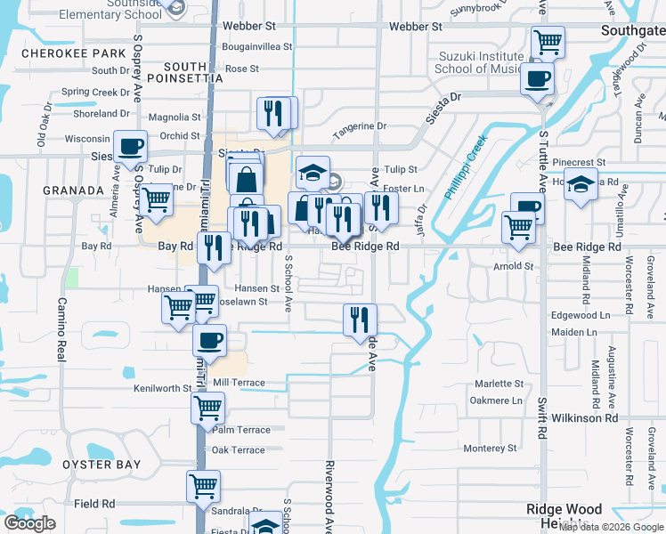 map of restaurants, bars, coffee shops, grocery stores, and more near 2300 Bee Ridge Road in Sarasota