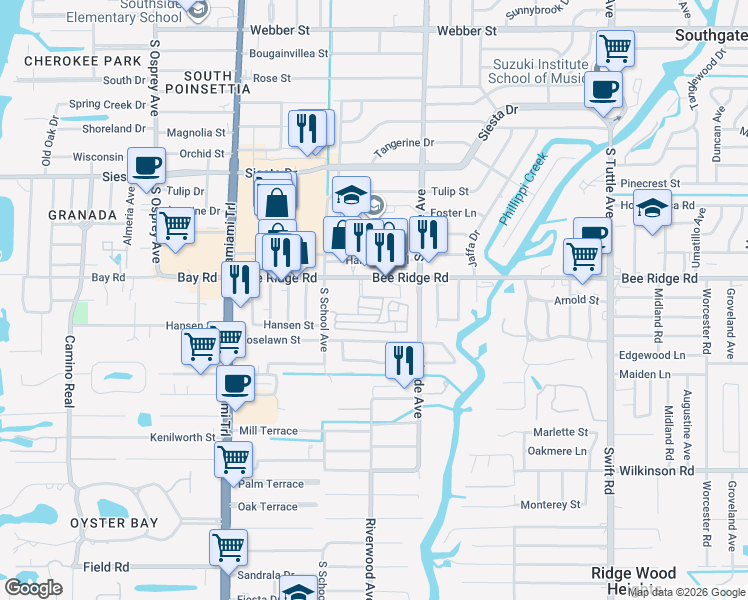 map of restaurants, bars, coffee shops, grocery stores, and more near 2300 Bee Ridge Road in Sarasota
