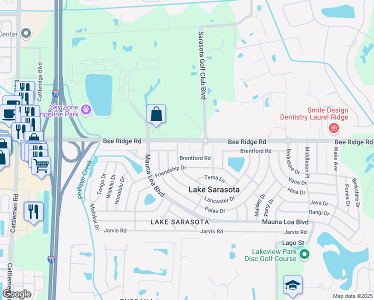 map of restaurants, bars, coffee shops, grocery stores, and more near 6730 Bee Ridge Road in Sarasota