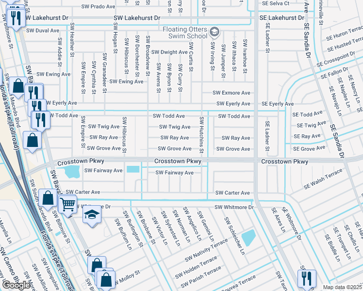 map of restaurants, bars, coffee shops, grocery stores, and more near 286 Southwest Ray Avenue in Port St. Lucie