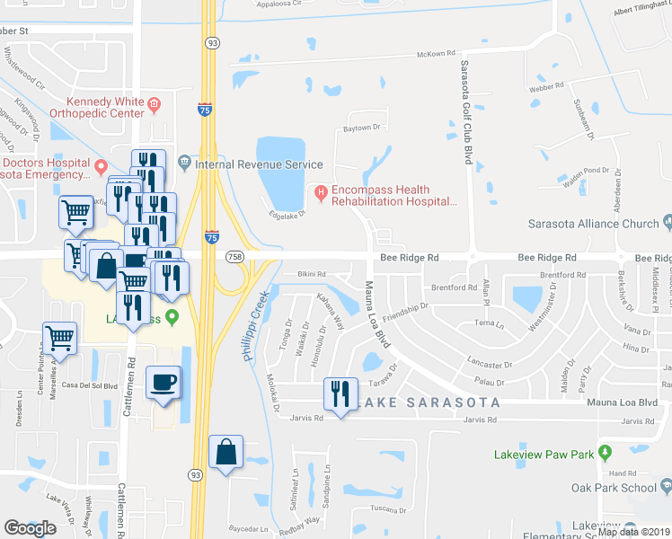 map of restaurants, bars, coffee shops, grocery stores, and more near 6495 Bikini Road in Sarasota