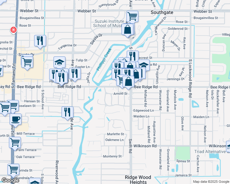 map of restaurants, bars, coffee shops, grocery stores, and more near 2636 Bee Ridge Road in Sarasota