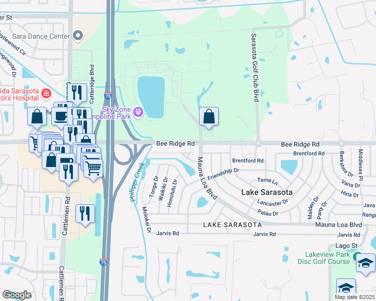 map of restaurants, bars, coffee shops, grocery stores, and more near 6495 Bikini Road in Sarasota