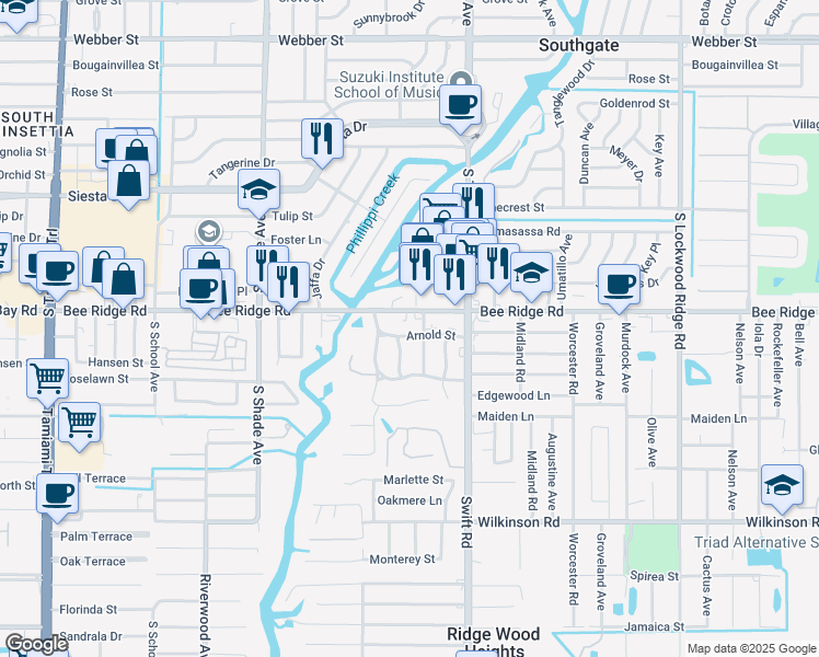 map of restaurants, bars, coffee shops, grocery stores, and more near 2636 Bee Ridge Road in Sarasota
