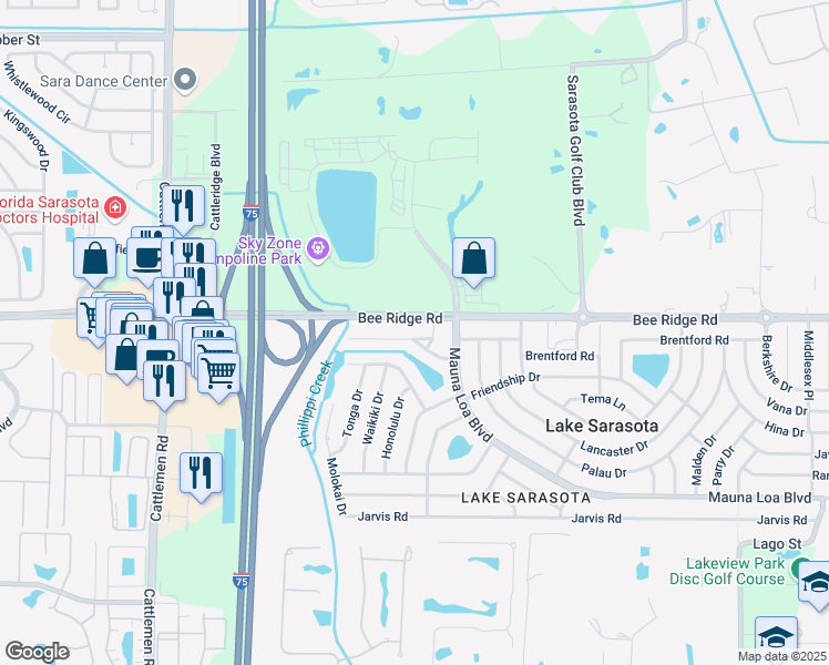 map of restaurants, bars, coffee shops, grocery stores, and more near 6495 Bikini Road in Sarasota