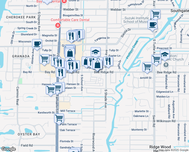 map of restaurants, bars, coffee shops, grocery stores, and more near 2300 Bee Ridge Road in Sarasota