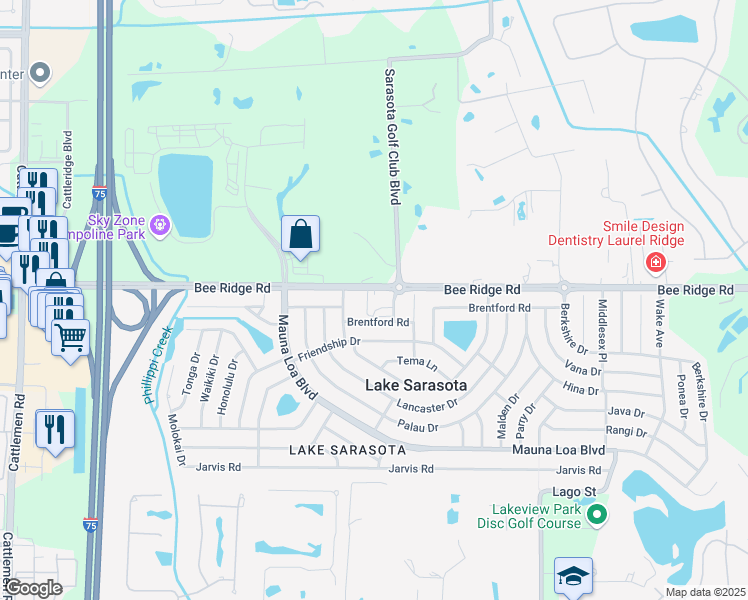 map of restaurants, bars, coffee shops, grocery stores, and more near 6750 Bee Ridge Road in Sarasota