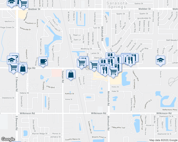 map of restaurants, bars, coffee shops, grocery stores, and more near 4118 Bee Ridge Road in Sarasota