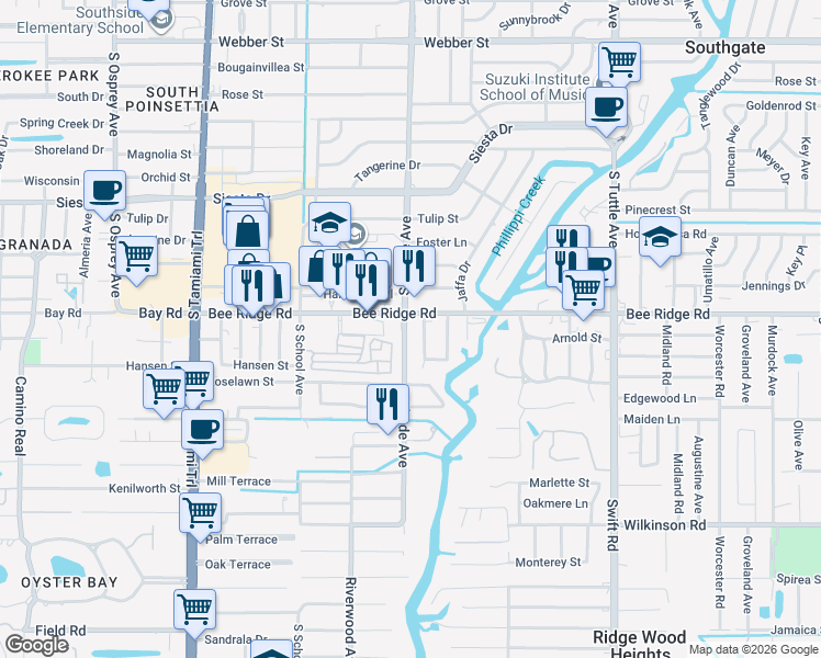 map of restaurants, bars, coffee shops, grocery stores, and more near in Southgate