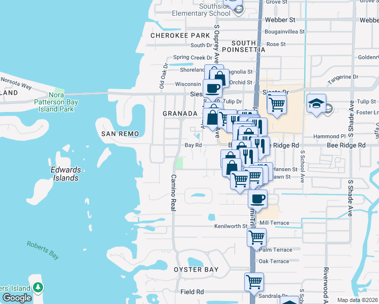 map of restaurants, bars, coffee shops, grocery stores, and more near 3912 Maravic Place in Sarasota