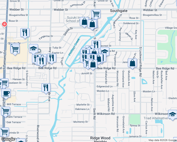 map of restaurants, bars, coffee shops, grocery stores, and more near 2720 Bee Ridge Road in Sarasota