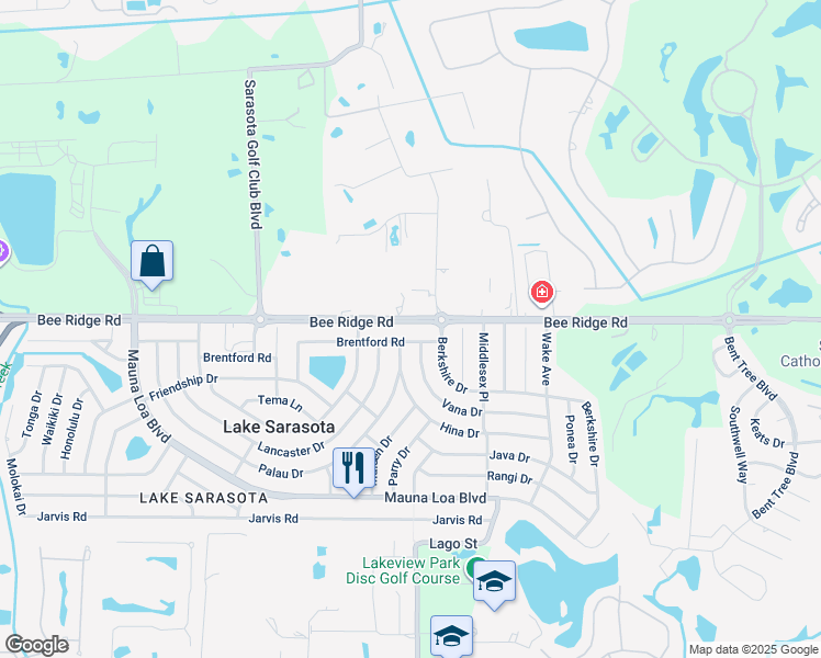 map of restaurants, bars, coffee shops, grocery stores, and more near 7071 Bee Ridge Road in Sarasota