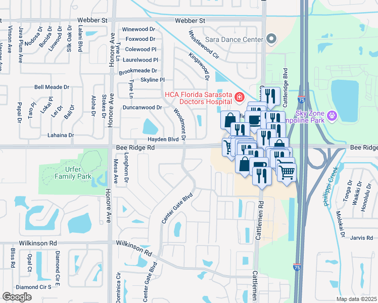 map of restaurants, bars, coffee shops, grocery stores, and more near 5600 Bee Ridge Road in Sarasota