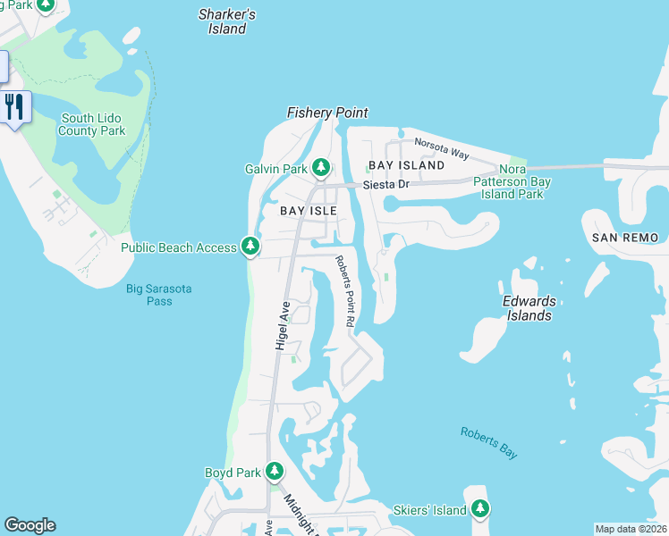 map of restaurants, bars, coffee shops, grocery stores, and more near 3960 Roberts Point Road in Sarasota