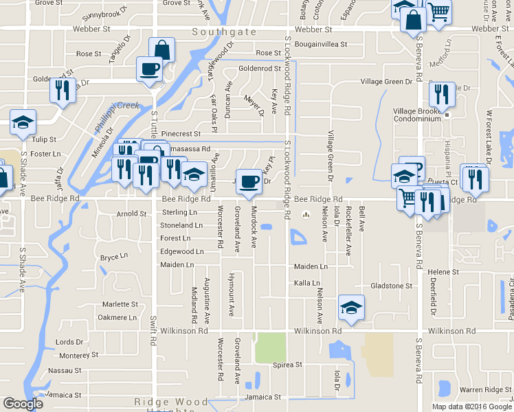 map of restaurants, bars, coffee shops, grocery stores, and more near 3110 Bee Ridge Road in Sarasota