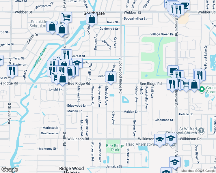map of restaurants, bars, coffee shops, grocery stores, and more near 3110 Bee Ridge Road in Sarasota