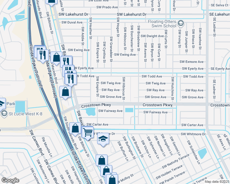 map of restaurants, bars, coffee shops, grocery stores, and more near 534 Southwest Ray Avenue in Port St. Lucie