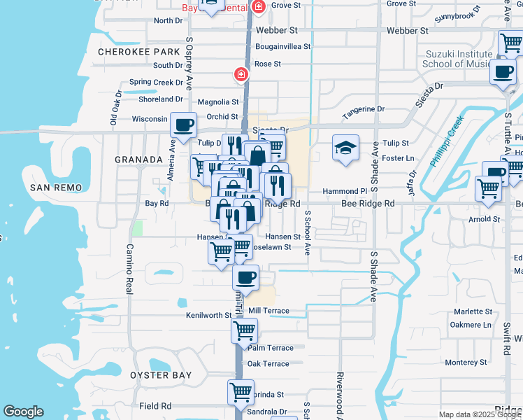 map of restaurants, bars, coffee shops, grocery stores, and more near in Sarasota